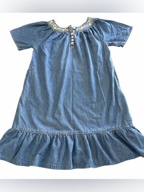 Victorian Era Size Medium Womens Denim Dress Embroidered Collar Ruffled Hem VTG